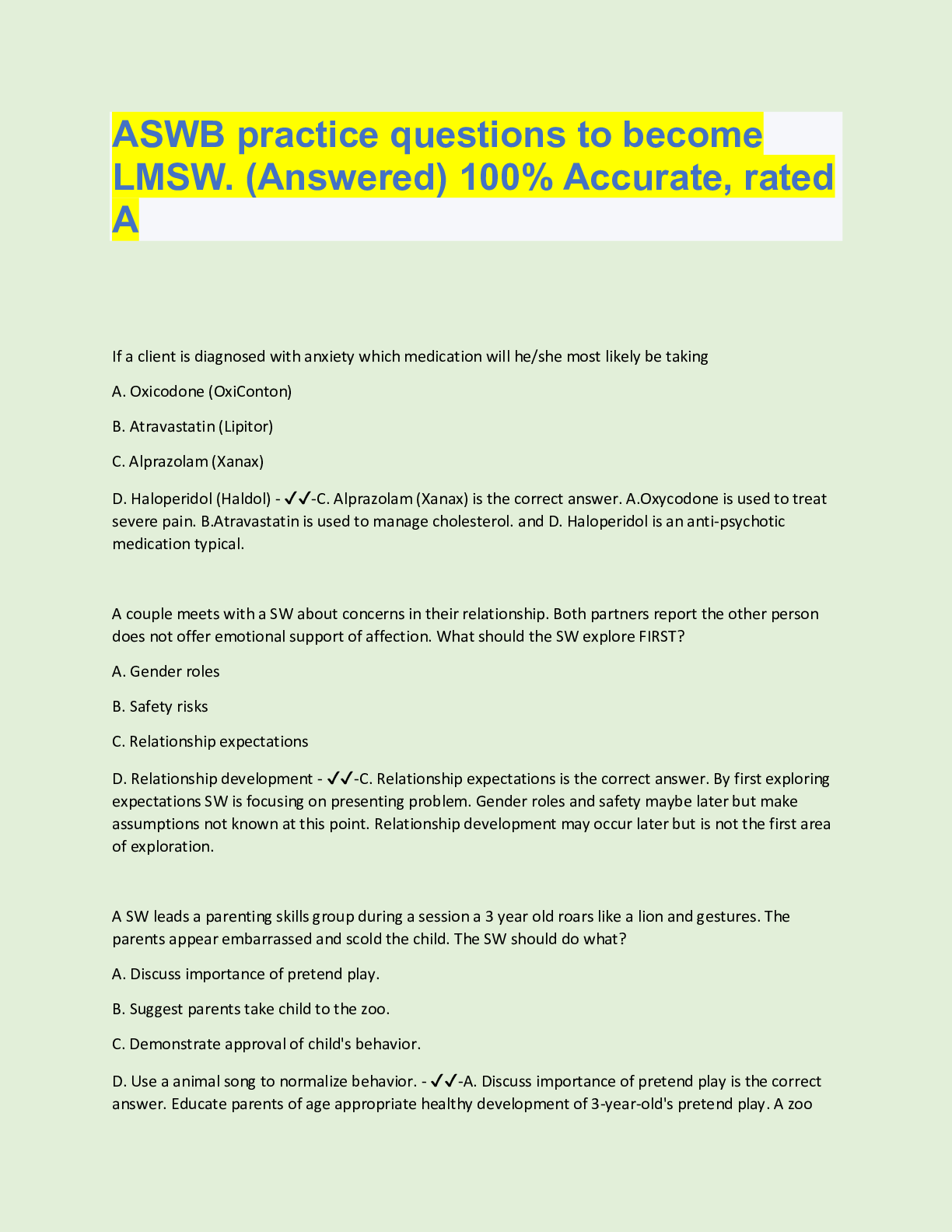 Preview image for ASWB practice questions to become LMSW. Questions with accurate answers. Graded A+